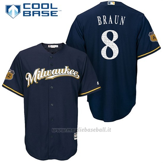 Maglia Baseball Uomo Milwaukee Brewers Ryan Braun Blu 2017 Allenamento Primaverile Cool Base Giocatore